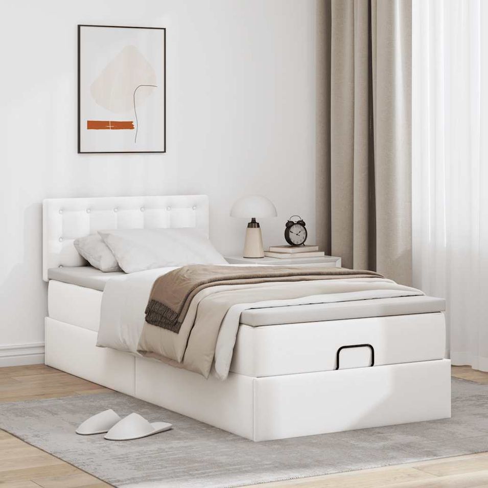 Cadre de lit ottoman avec matelas blanc 90x190 cm similicuir - Photo n°1