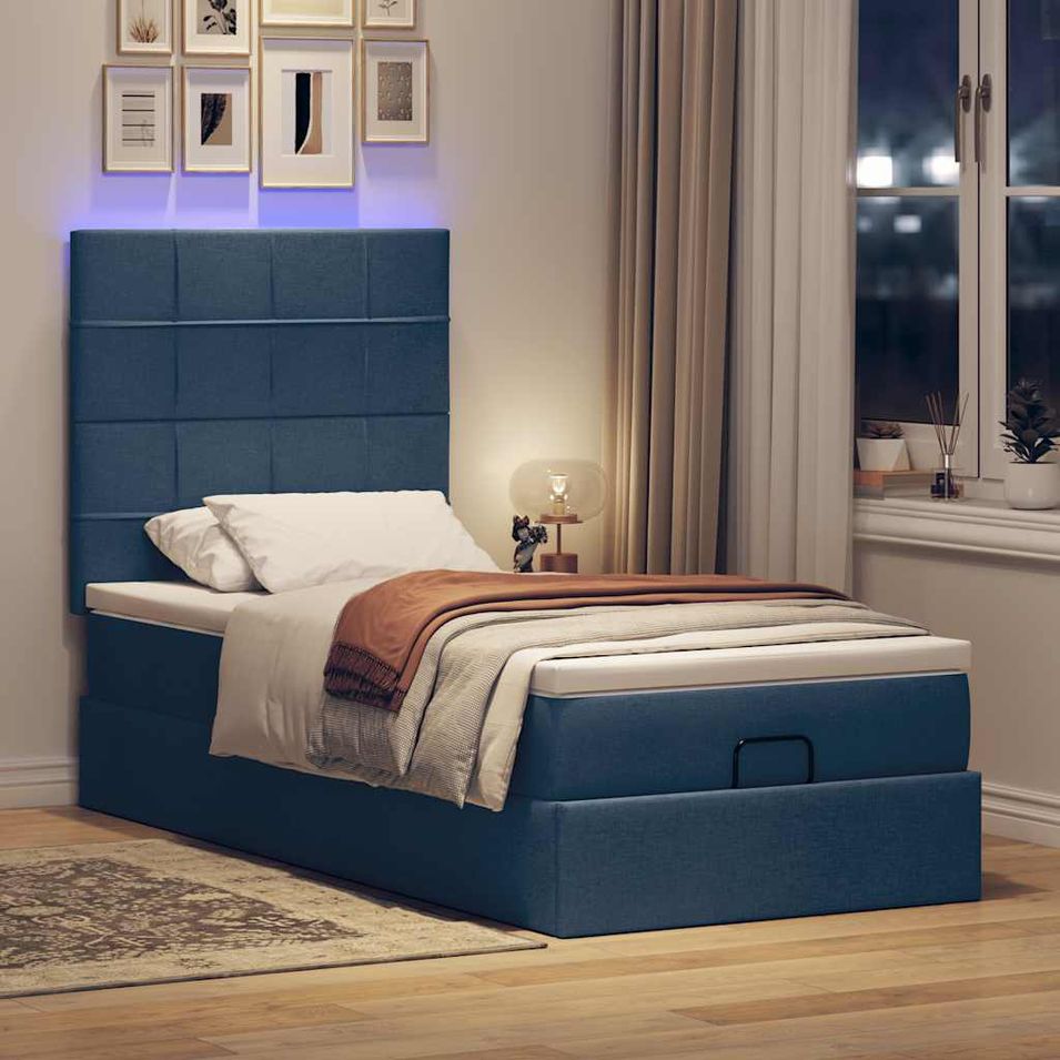 Cadre de lit ottoman avec matelas bleu 100x200 cm tissu - Photo n°1