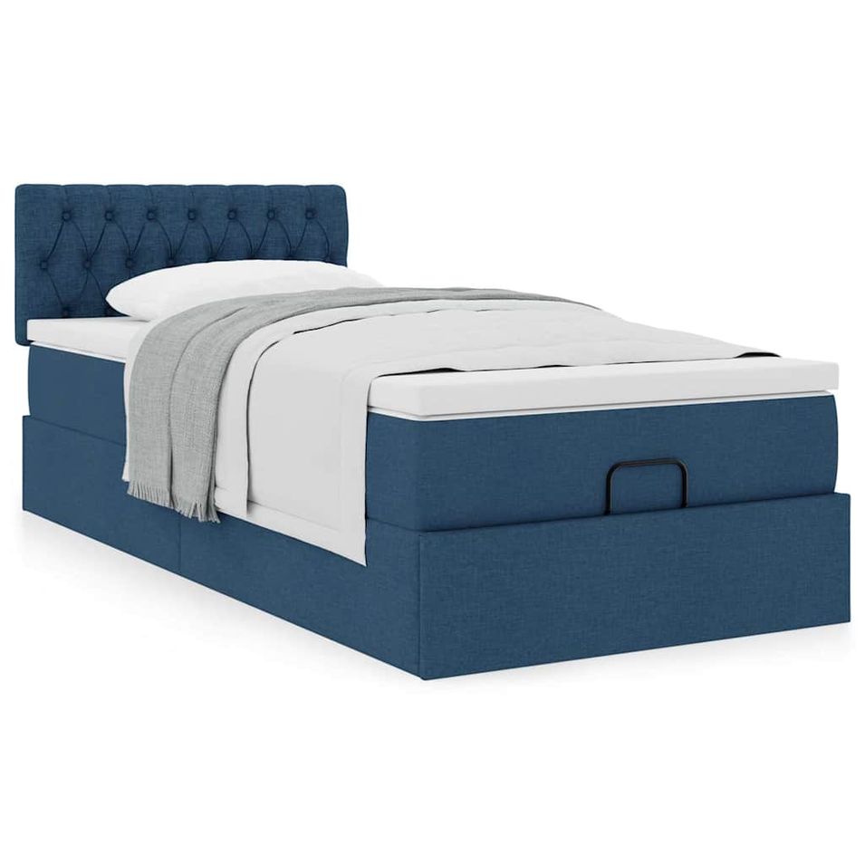 Cadre de lit ottoman avec matelas bleu 90x200 cm tissu - Photo n°1