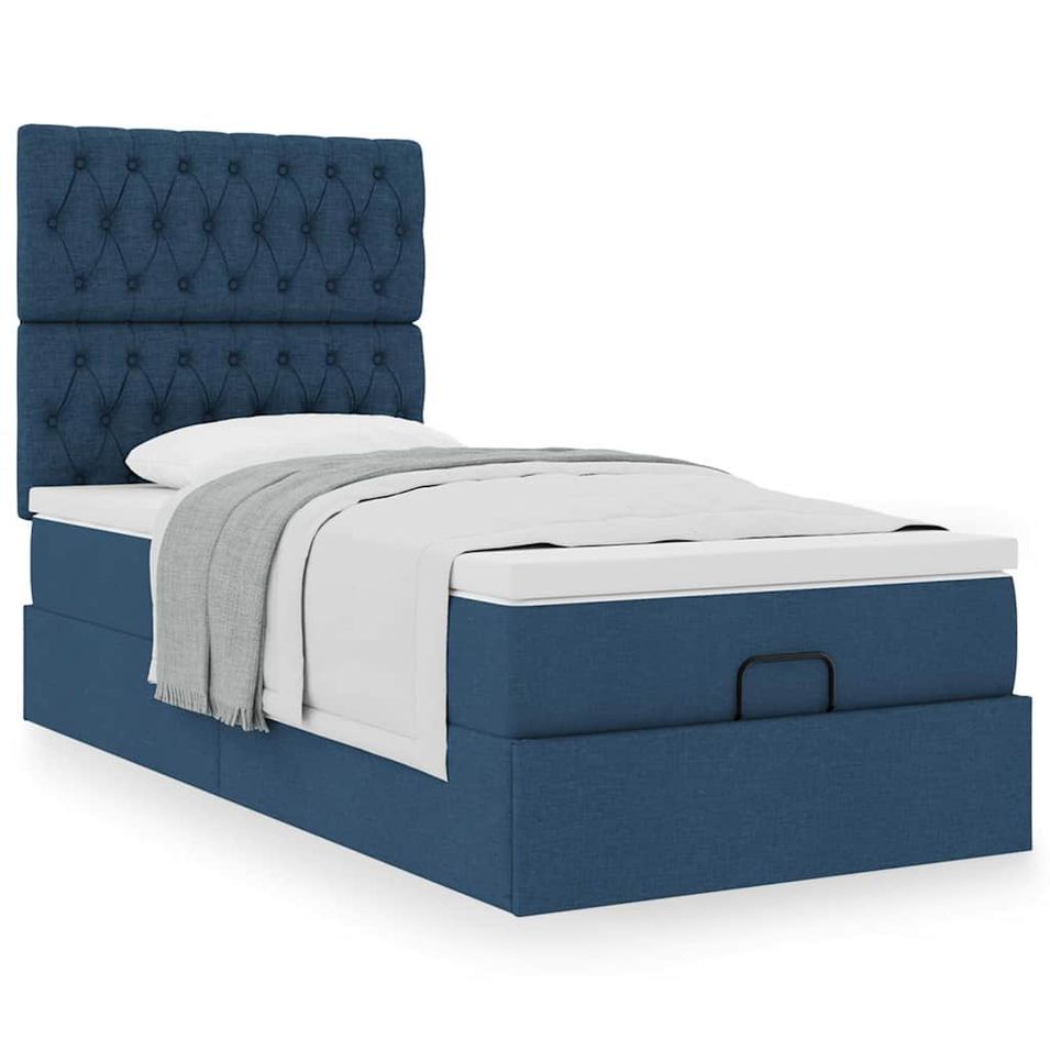 Cadre de lit ottoman avec matelas bleu 90x200 cm tissu - Photo n°1