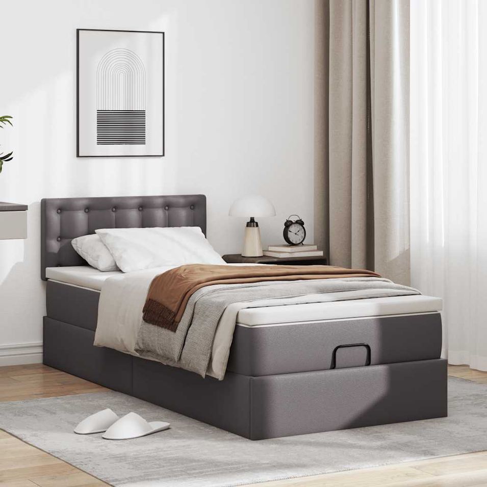 Cadre de lit ottoman avec matelas gris 100x200 cm similicuir - Photo n°1