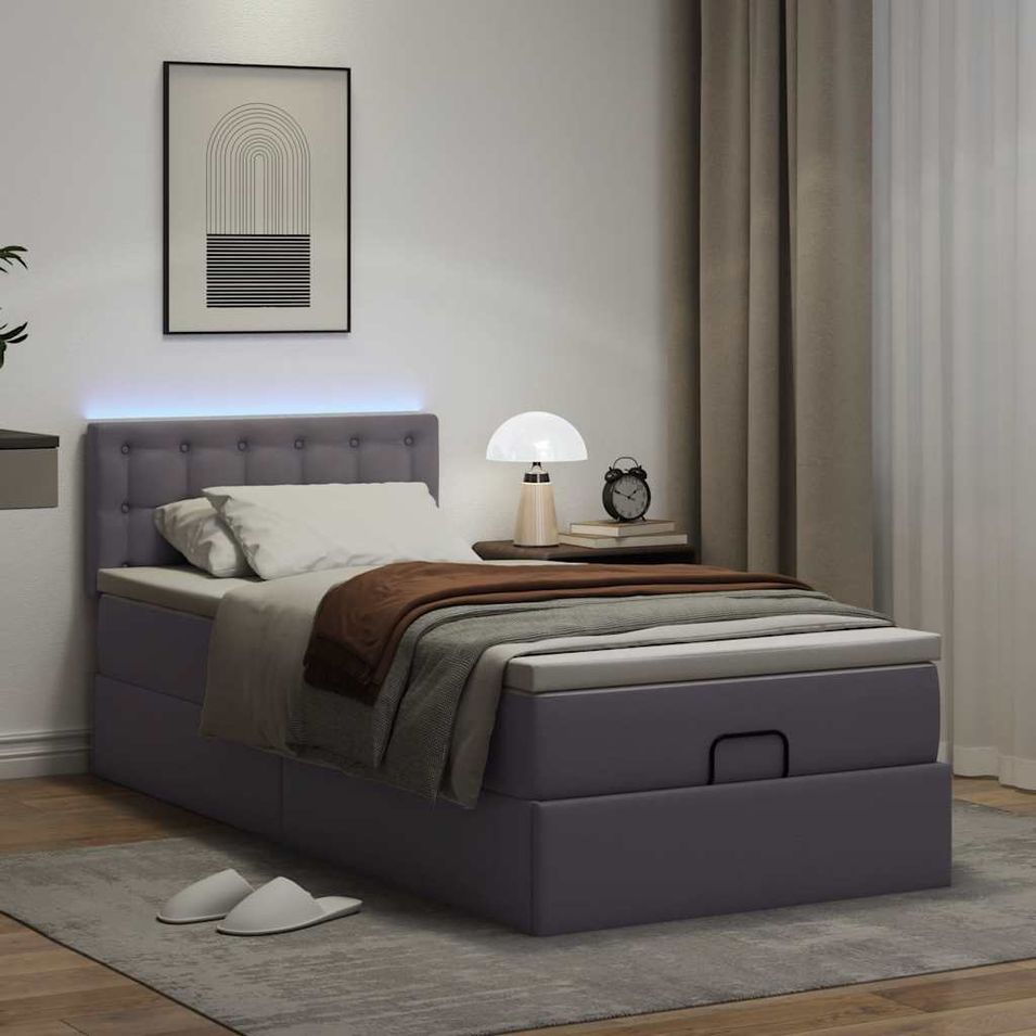 Cadre de lit ottoman avec matelas gris 100x200 cm similicuir - Photo n°1