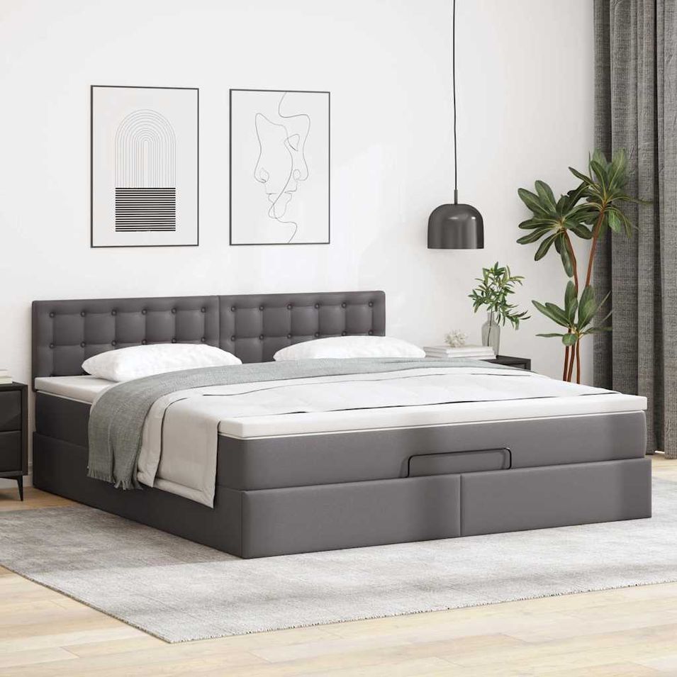 Cadre de lit ottoman avec matelas gris 160x200 cm similicuir - Photo n°1