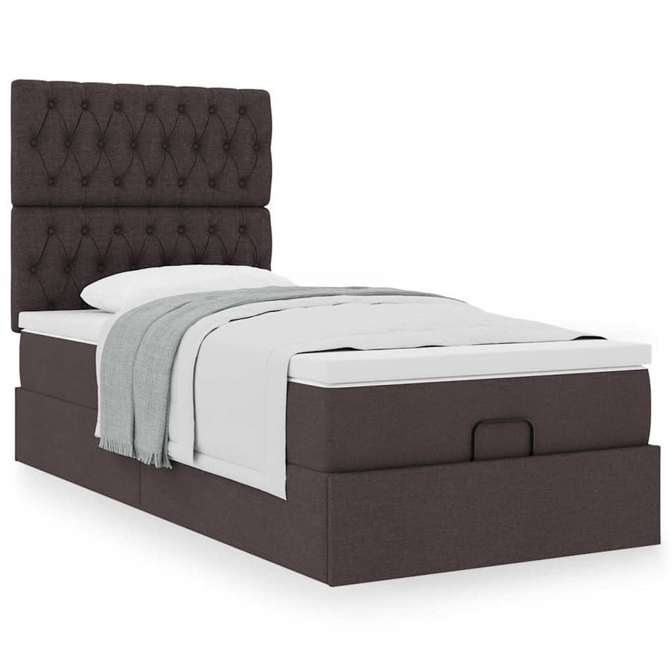 Cadre de lit ottoman avec matelas marron foncé 90x200 cm tissu - Photo n°1