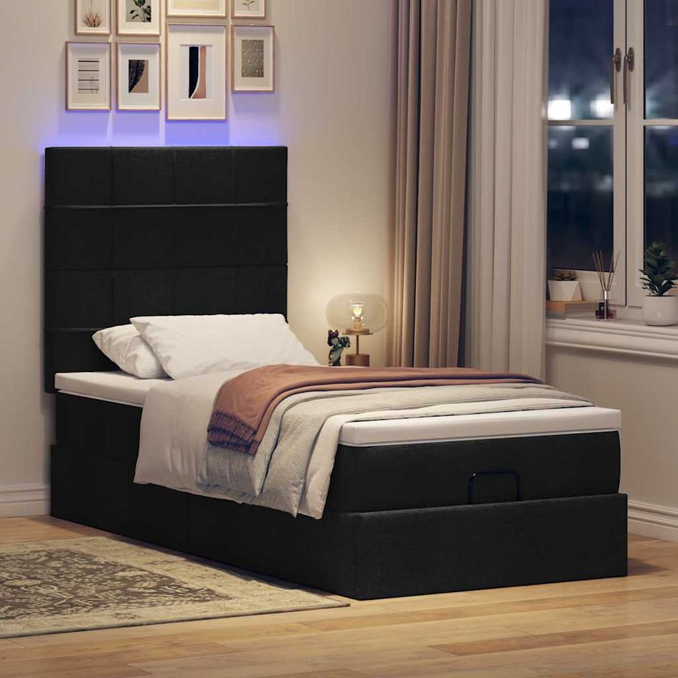Cadre de lit ottoman avec matelas noir 100x200cm tissu - Photo n°1