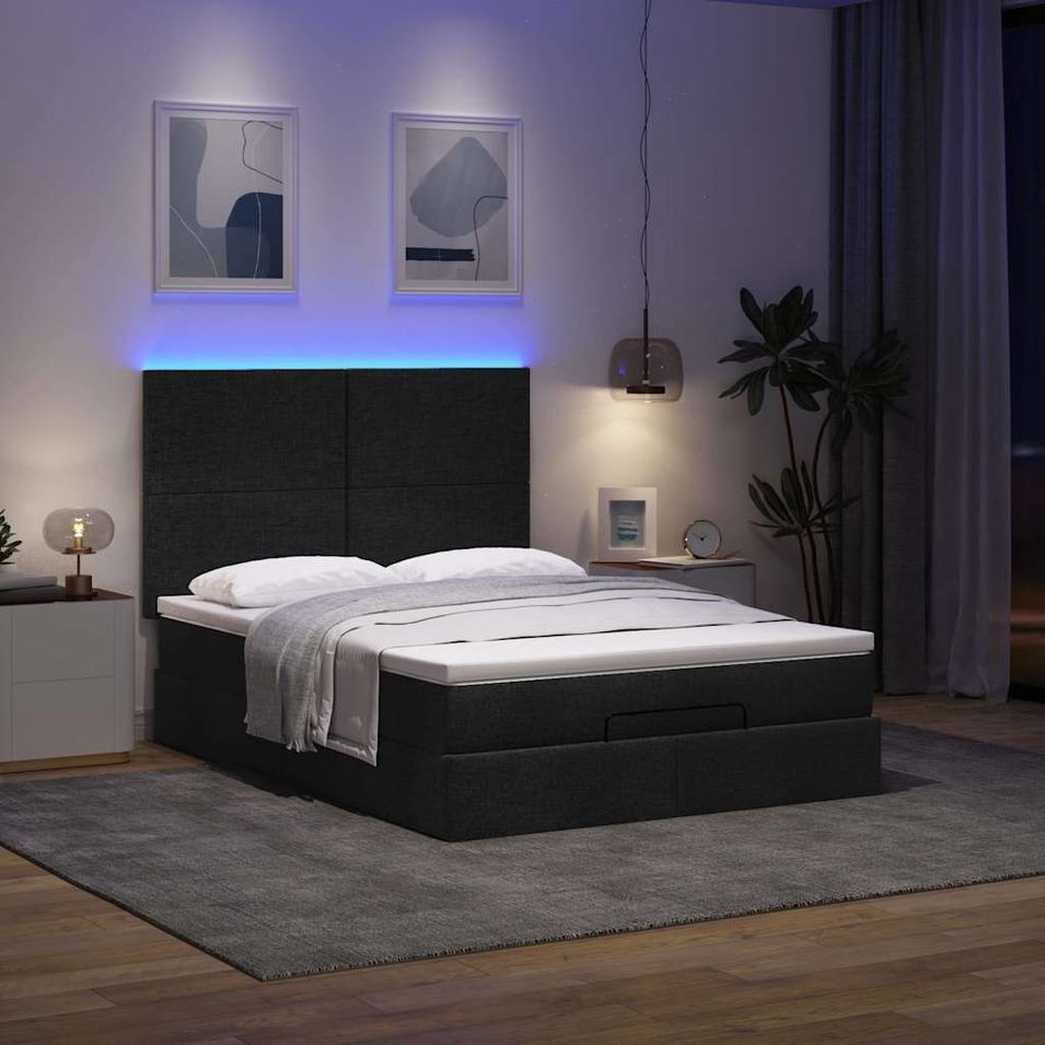 Cadre de lit ottoman avec matelas noir 140x200 cm tissu - Photo n°1