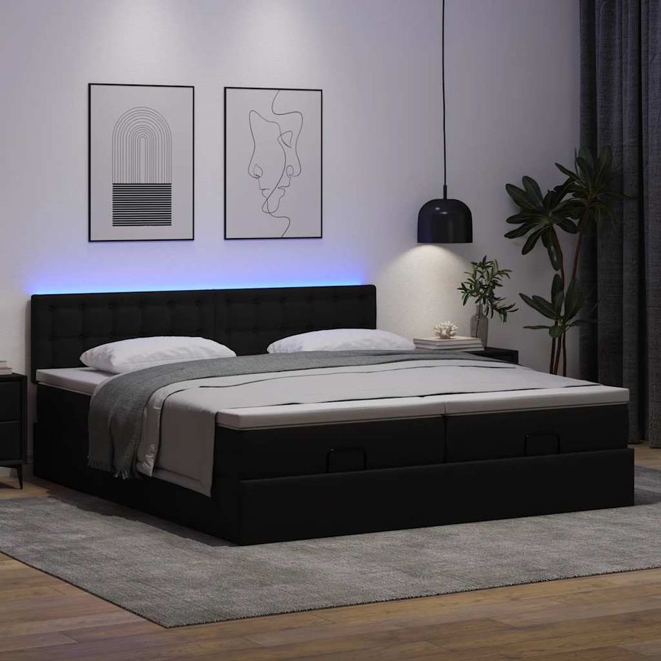 Cadre de lit ottoman avec matelas noir 200x200 cm similicuir - Photo n°1