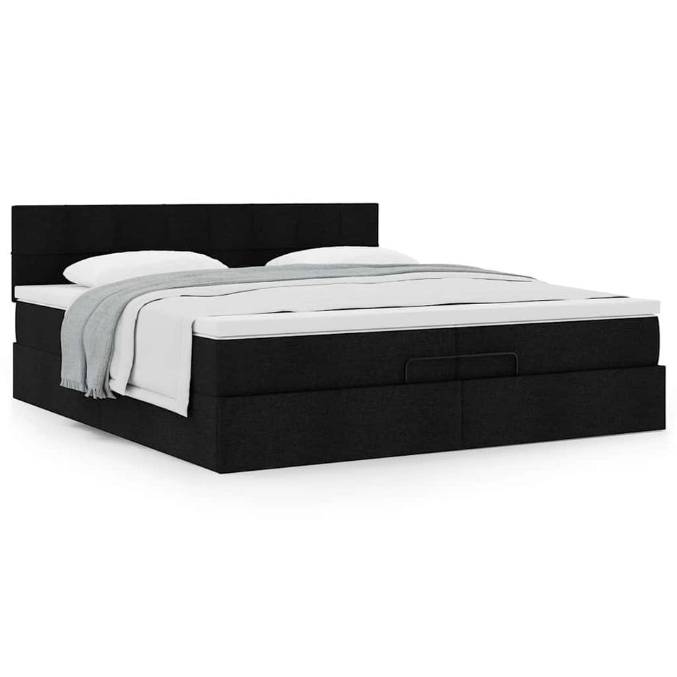 Cadre de lit ottoman avec matelas noir 200x200 cm tissu - Photo n°1