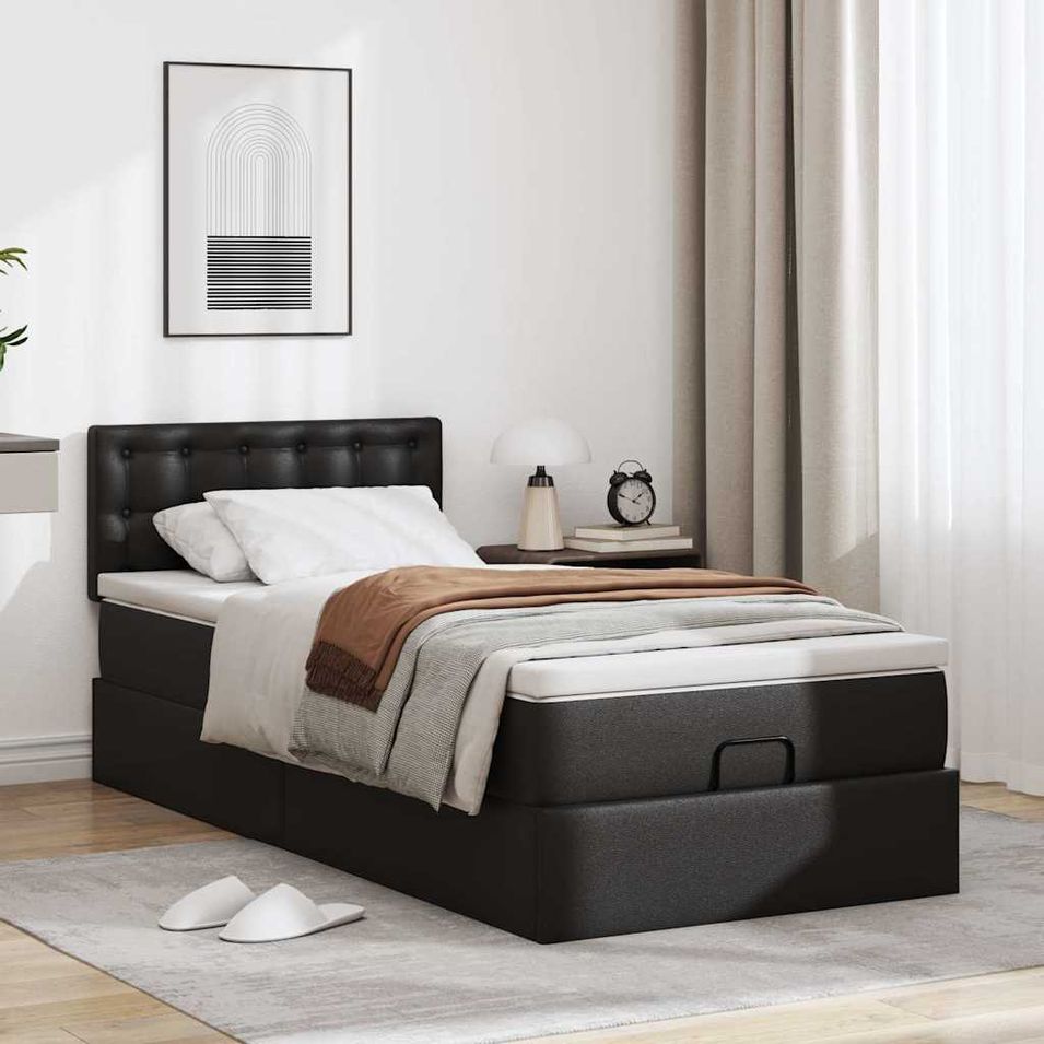 Cadre de lit ottoman avec matelas noir 90x190 cm similicuir - Photo n°1