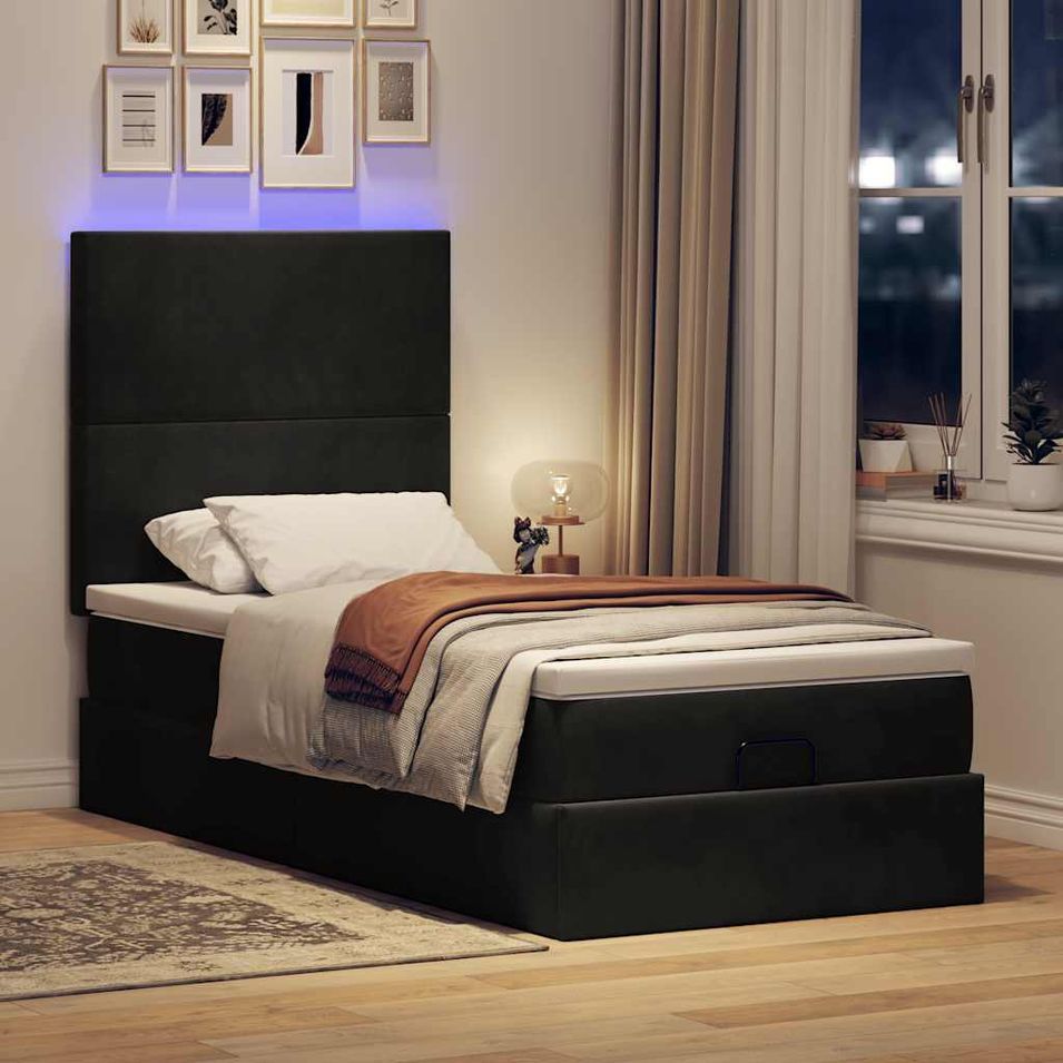 Cadre de lit ottoman avec matelas noir 90x200 cm velours - Photo n°1