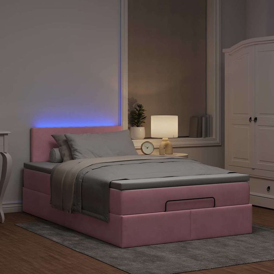 Cadre de lit ottoman avec matelas rose 120x190 cm velours - Photo n°1