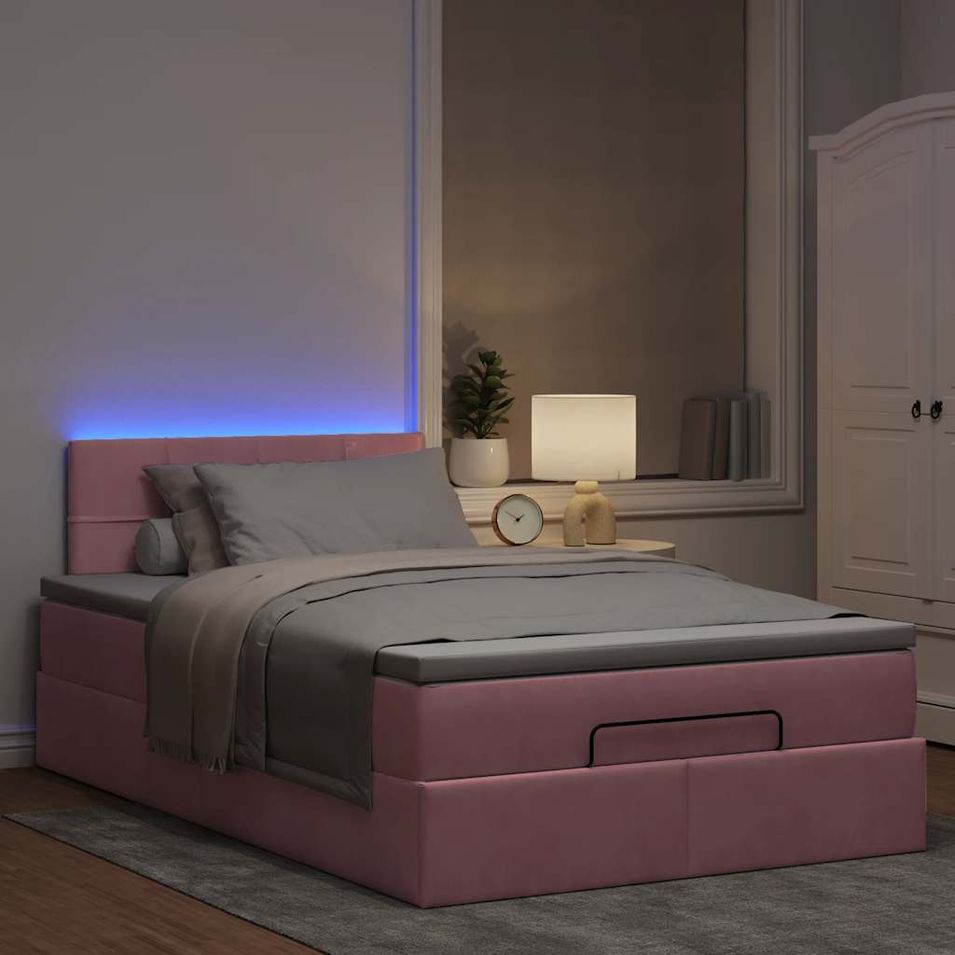 Cadre de lit ottoman avec matelas rose 120x190 cm velours - Photo n°1