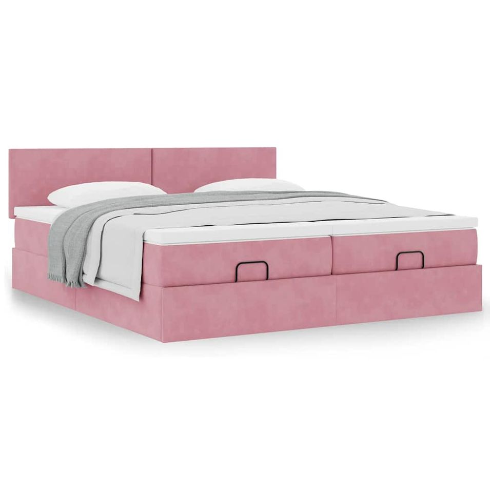 Cadre de lit ottoman avec matelas rose 200x200 cm velours - Photo n°1