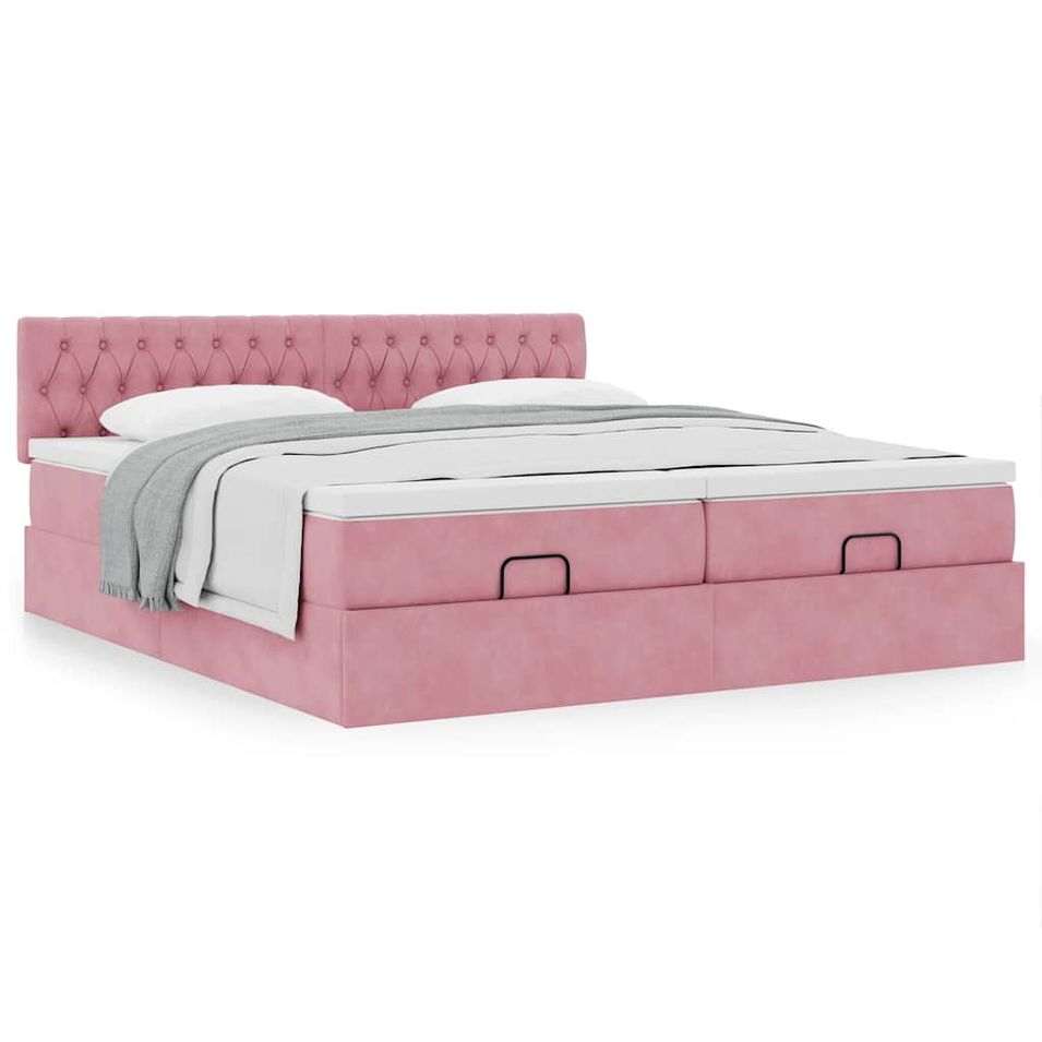Cadre de lit ottoman avec matelas rose 200x200 cm velours - Photo n°1