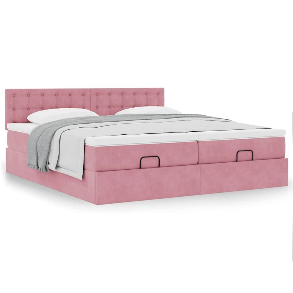Cadre de lit ottoman avec matelas rose 200x200 cm velours - Photo n°1