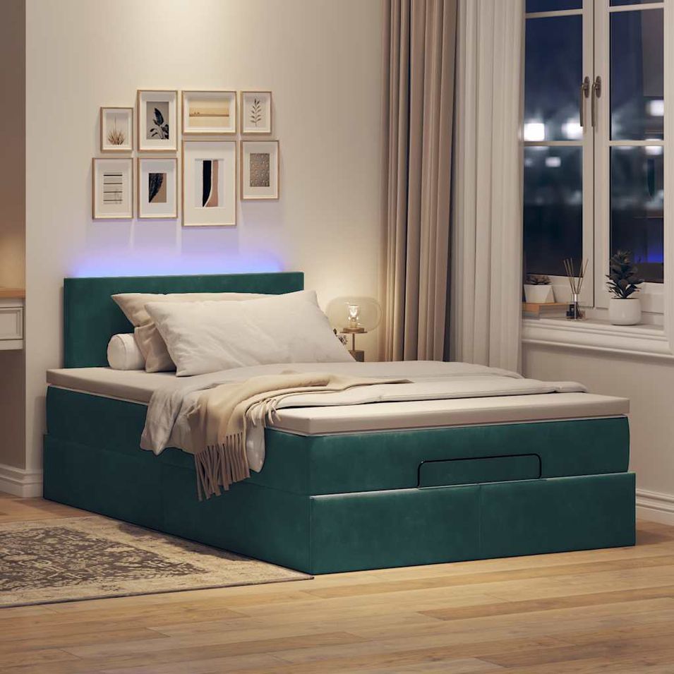 Cadre de lit ottoman avec matelas vert foncé 120x190 cm velours - Photo n°1