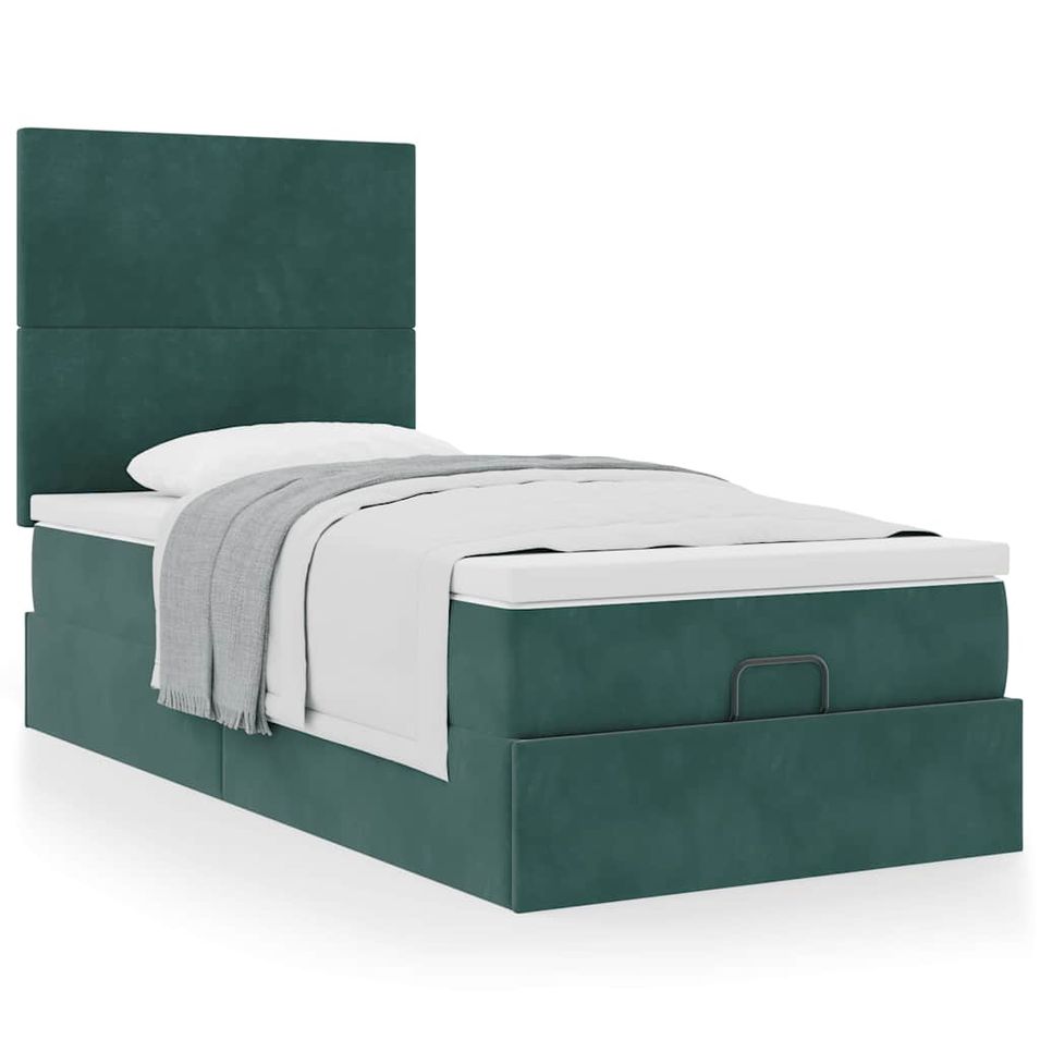 Cadre de lit ottoman avec matelas vert foncé 90x200 cm velours - Photo n°1