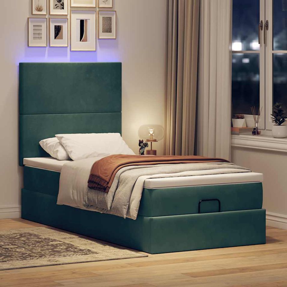 Cadre de lit ottoman avec matelas vert foncé 90x200 cm velours - Photo n°1