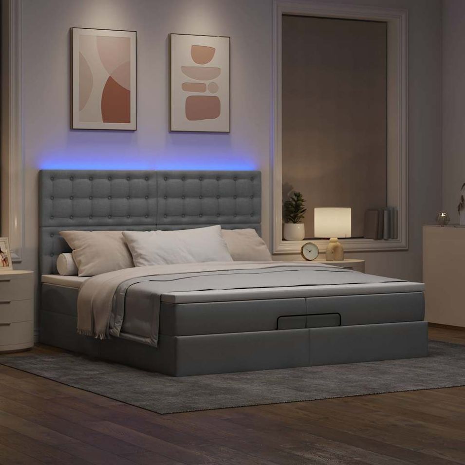 Cadre de lit ottoman et matelas gris clair 200x200cm tissu - Photo n°1