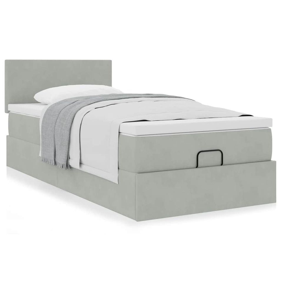 Cadre de lit ottoman et matelas gris clair 90x200 cm velours - Photo n°1