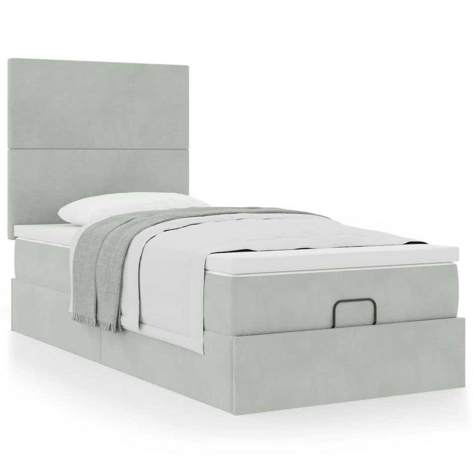 Cadre de lit ottoman et matelas gris clair 90x200 cm velours - Photo n°1