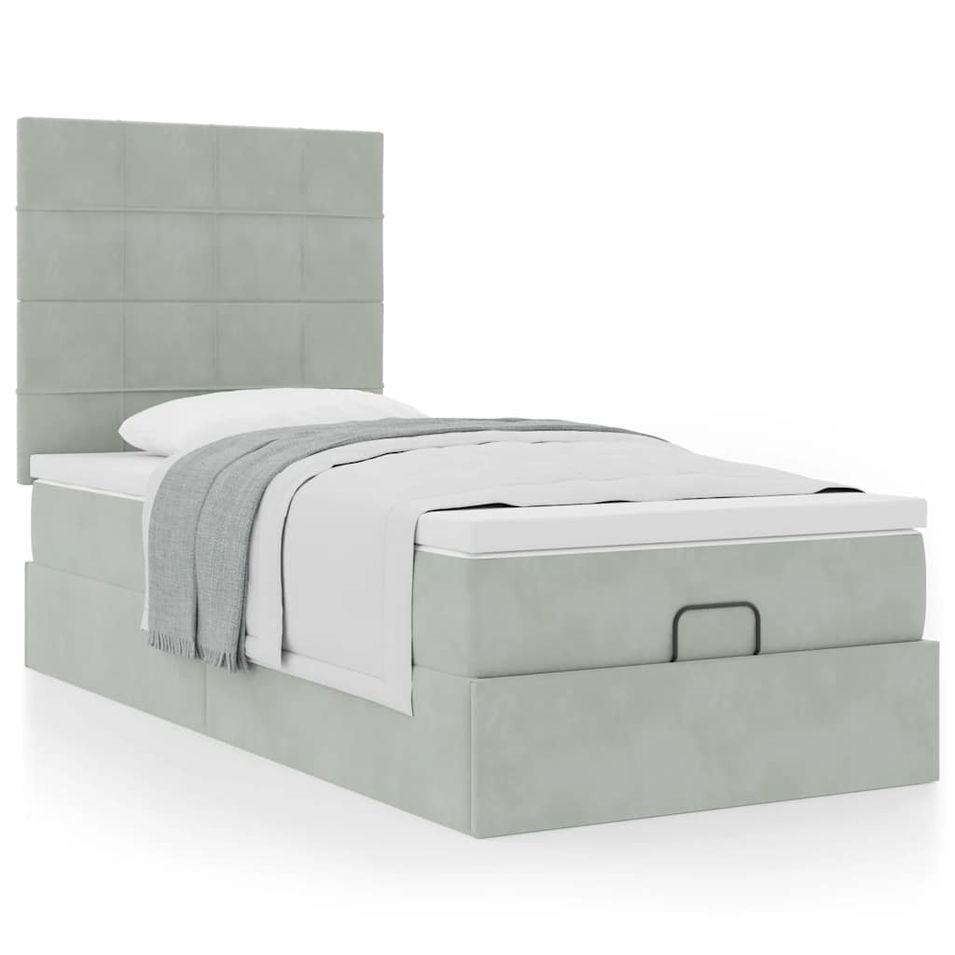 Cadre de lit ottoman et matelas gris clair 90x200 cm velours - Photo n°1