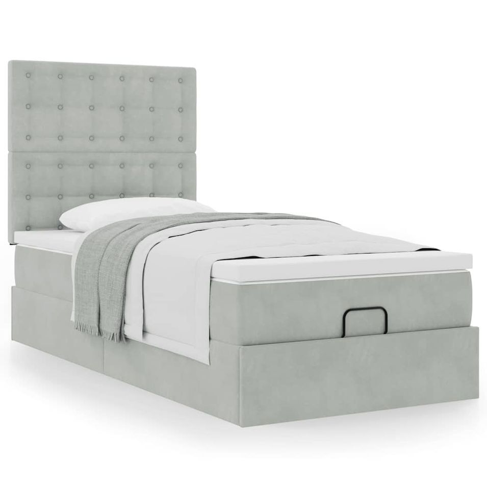 Cadre de lit ottoman et matelas gris clair 90x200 cm velours - Photo n°1