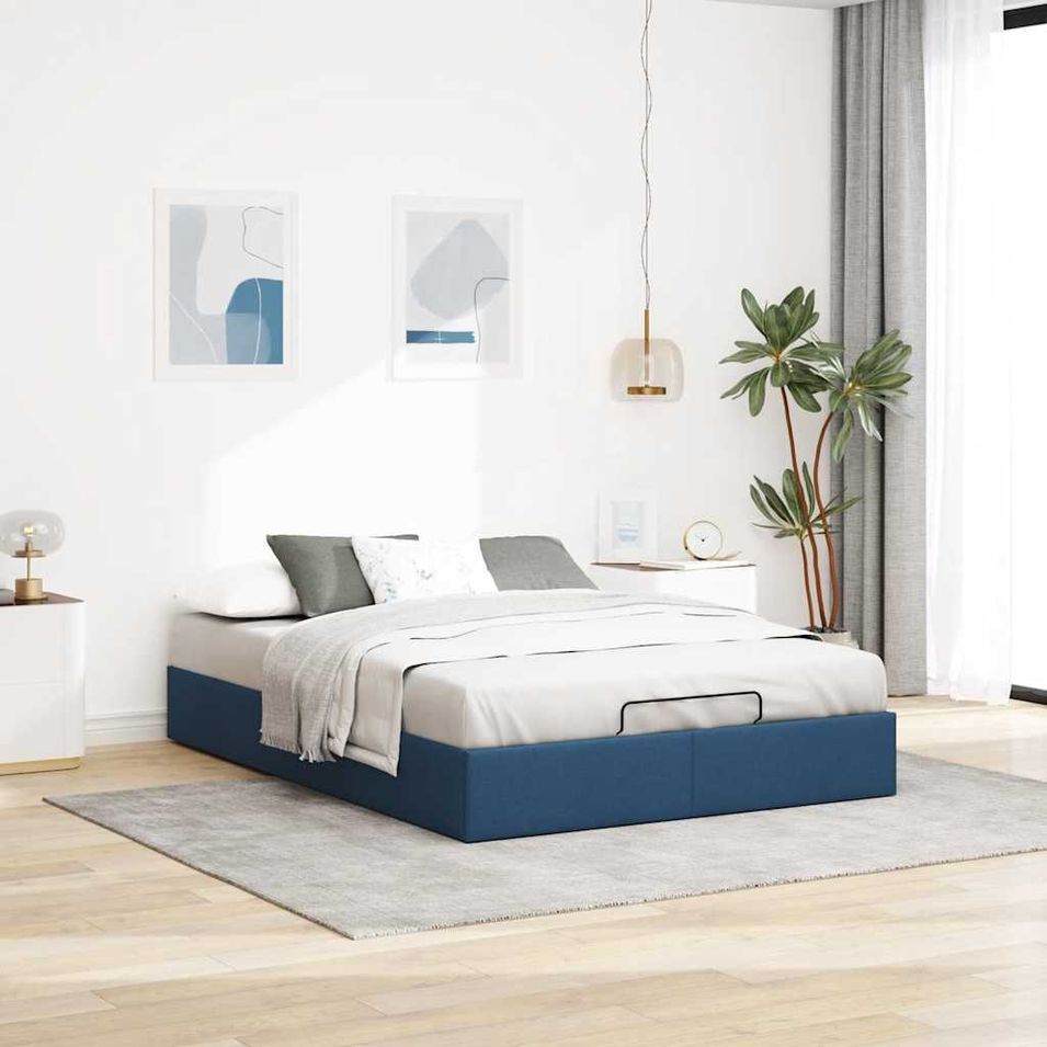 Cadre de lit ottoman sans matelas bleu 140x200 cm tissu - Photo n°1