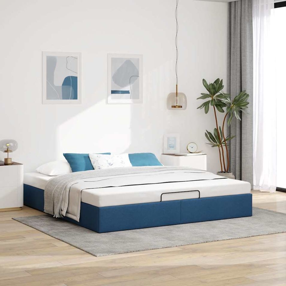 Cadre de lit ottoman sans matelas bleu 160x200 cm tissu - Photo n°1