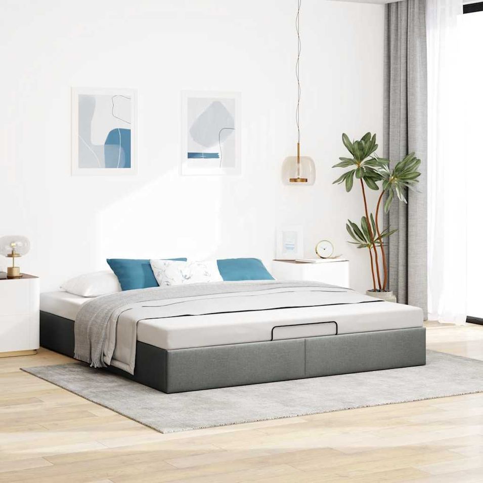 Cadre de lit ottoman sans matelas gris foncé 200x200 cm tissu - Photo n°1