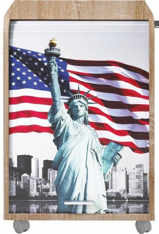 Caisson à rideau sur roulettes 2 tiroirs bois clair imprimé statue de la liberté Orga 70 cm - Photo n°1