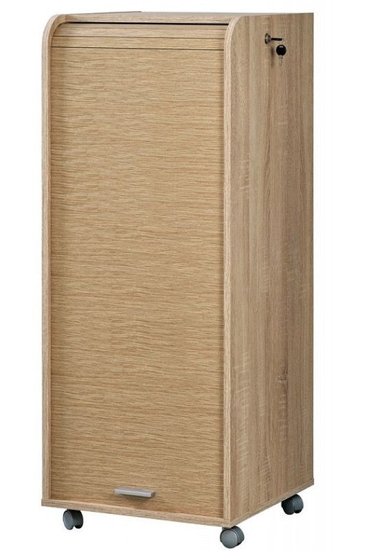 Caisson de bureau chêne clair à rideau ORGA 110 cm – Meuble mobile avec tiroirs et rangement dossiers - Photo n°1