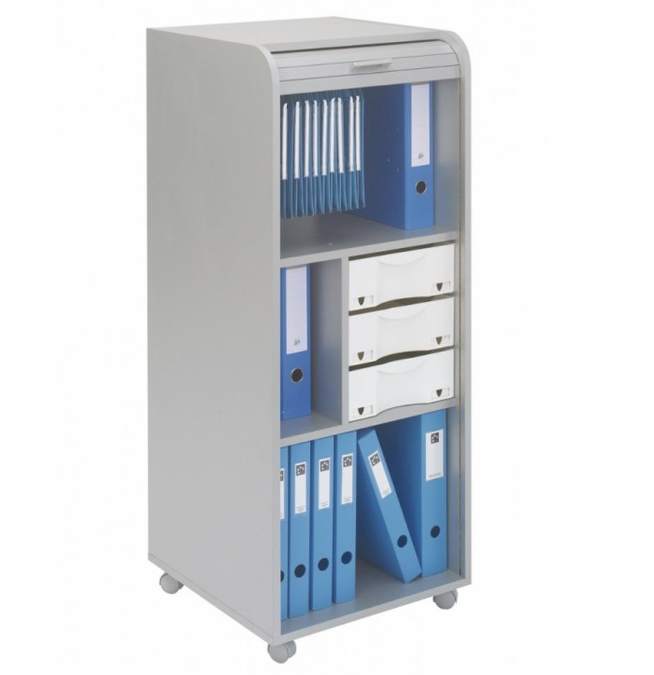Caisson de bureau gris clair à rideau ORGA 110 cm – Meuble mobile avec tiroirs et rangement dossiers - Photo n°1