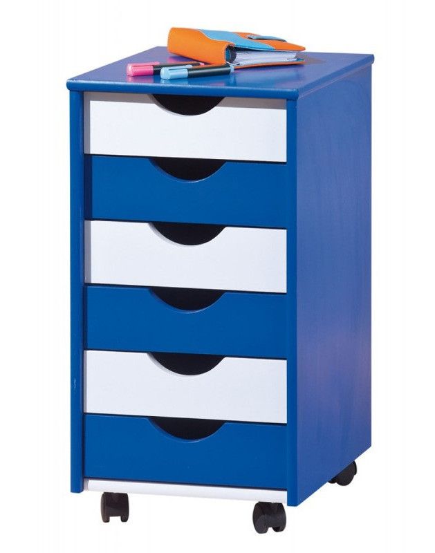 Caisson sur roulettes 6 tiroirs bois bleu et blanc Rubi - Photo n°1