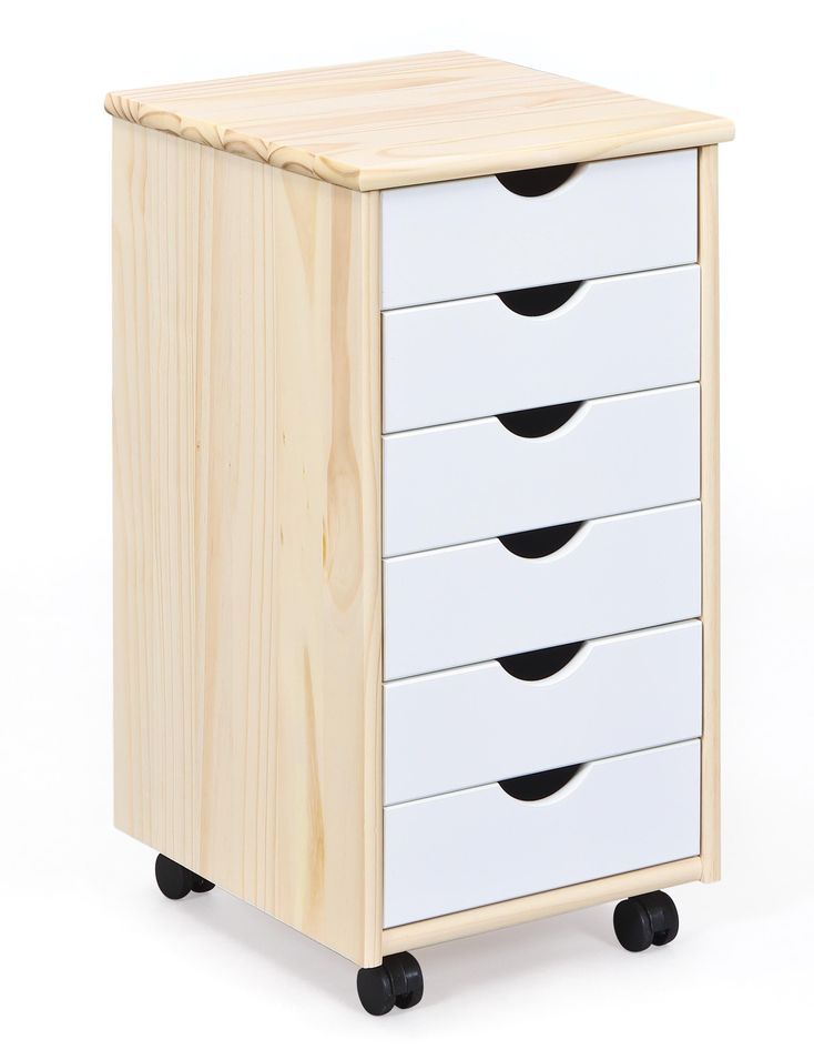 Caisson sur roulettes 6 tiroirs bois massif clair et blanc Rubi - Photo n°1
