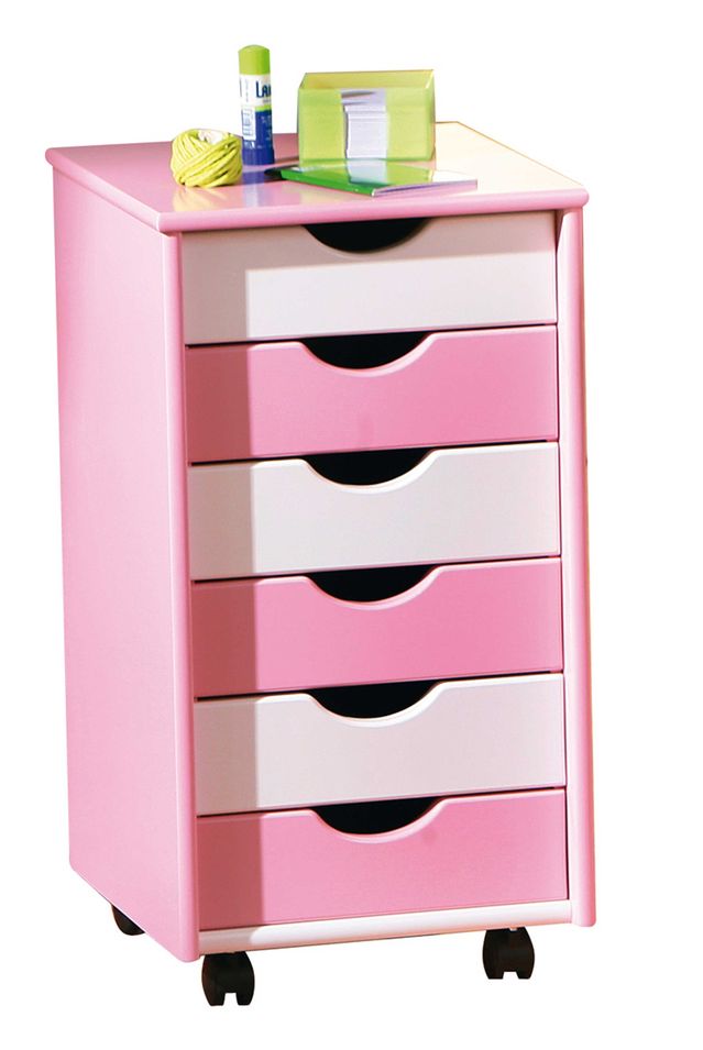Caisson sur roulettes 6 tiroirs bois rose et blanc Rubi - Photo n°1