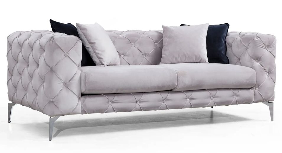 Canapé 2 places capitonné velours gris clair et pieds chromés Herakles 197 cm - Photo n°1