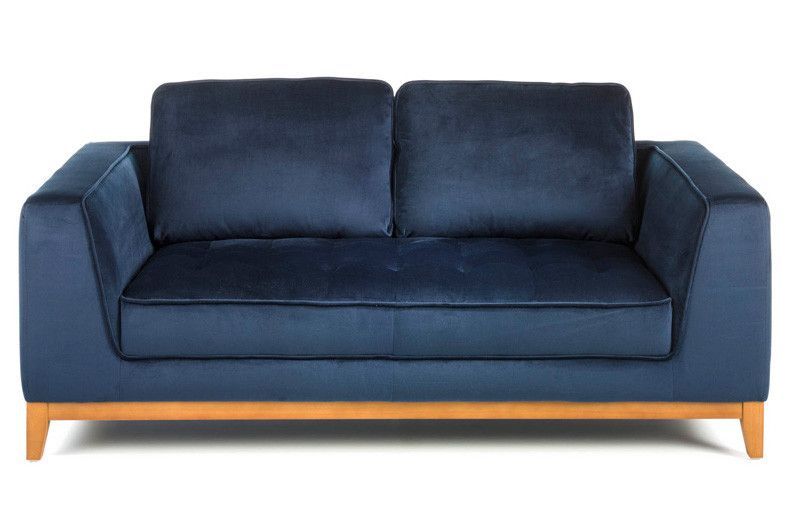 Canapé 2 places tissu bleu effet velours et bois de noyer Hastin - Photo n°1