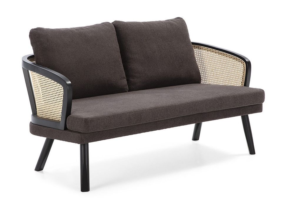 Canapé 2 places tissu bois noir et rotin naturel 150 cm - Photo n°1