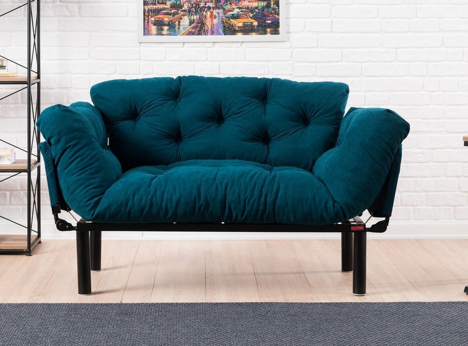 Canapé 2 places transformable en lit tissu bleu pétrole Pliaz 155 cm - Photo n°1