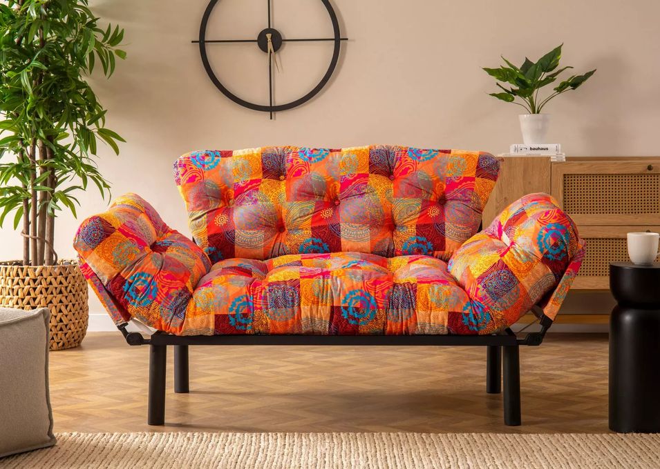 Canapé 2 places transformable en lit tissu patchwork Pliaz 155 cm - Photo n°1