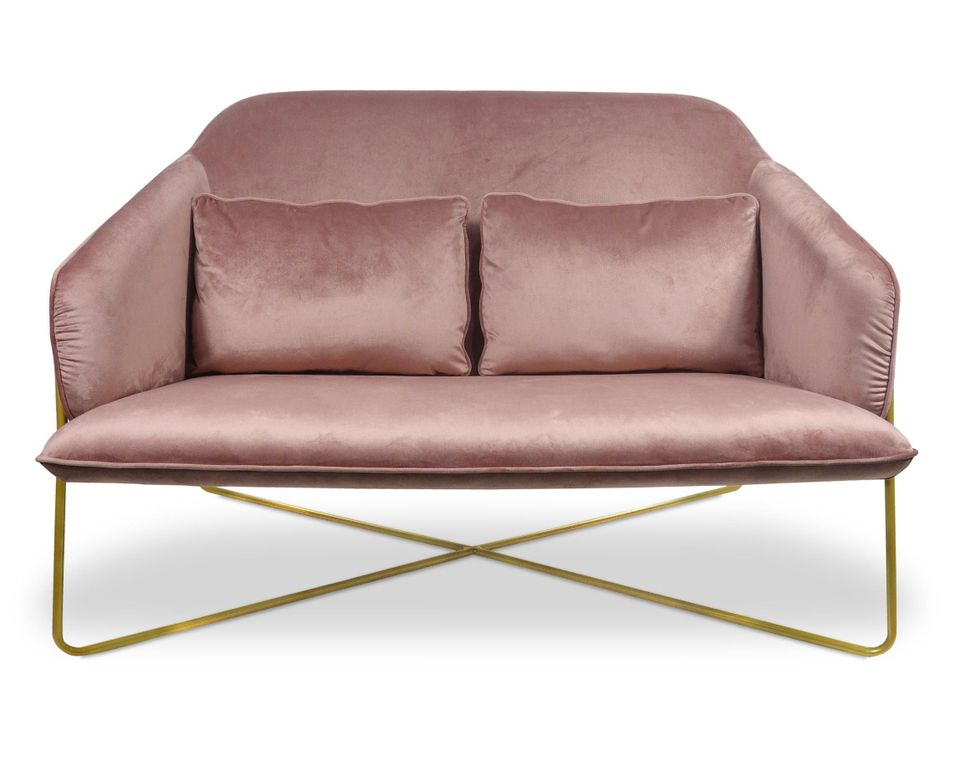Canapé 2 places velours rose et pieds métal doré Luciole 130 cm - Photo n°1