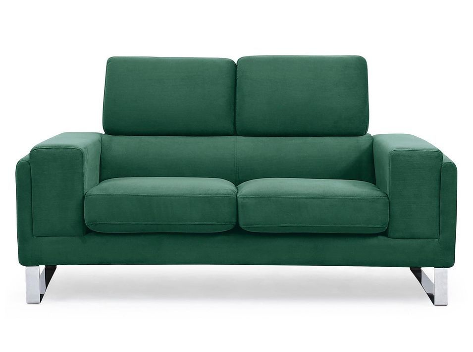 Canapé 2 places velours vert et pieds métal argenté Medra - Photo n°1