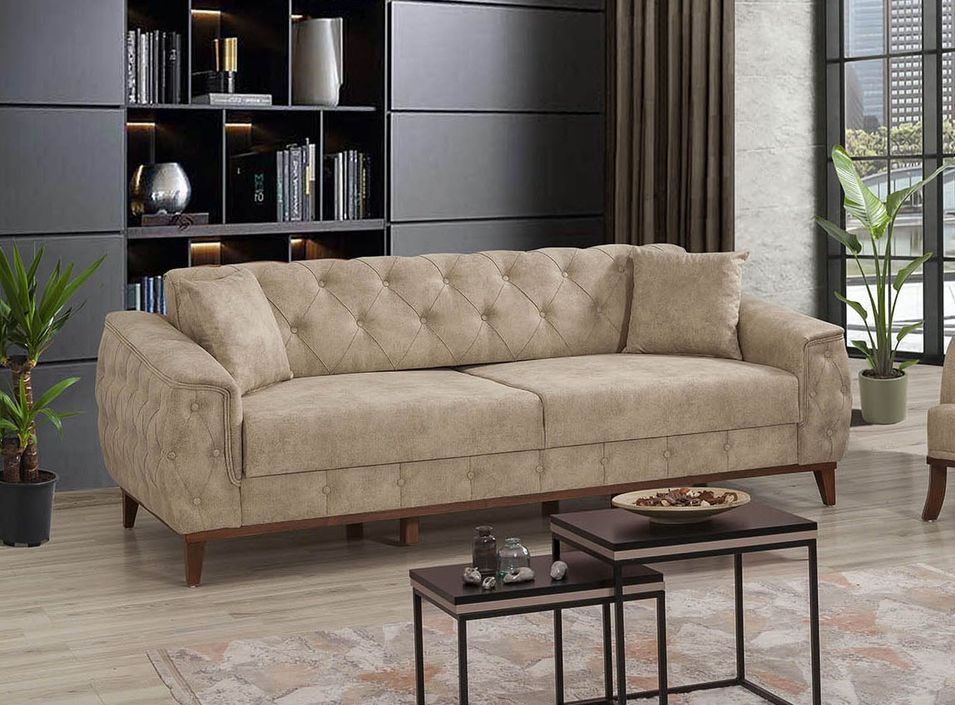 Canapé 3 places convertible avec rangement tissu beige clair Angela 225 cm - Photo n°1