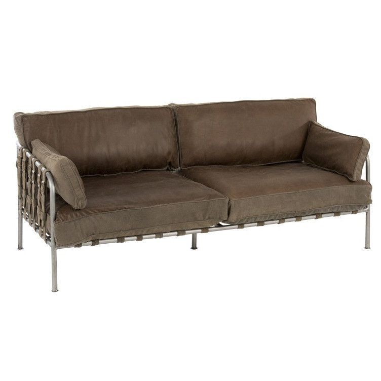 Canapé 3 places cuir vert kaki et pieds métal argenté Verde - Photo n°1