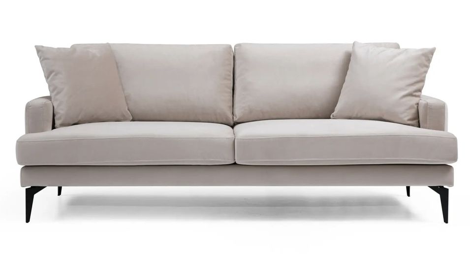 Canapé 3 places design tissu velouté beige et pieds métal noir Kombaz 205 cm - Photo n°1