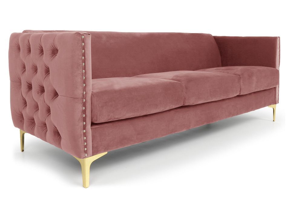 Canapé 3 places velours rose et pieds métal doré Josua - Photo n°1