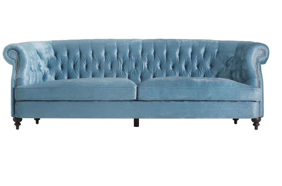 Canapé 4 places velours bleu et pin massif foncé Odelya - Photo n°1