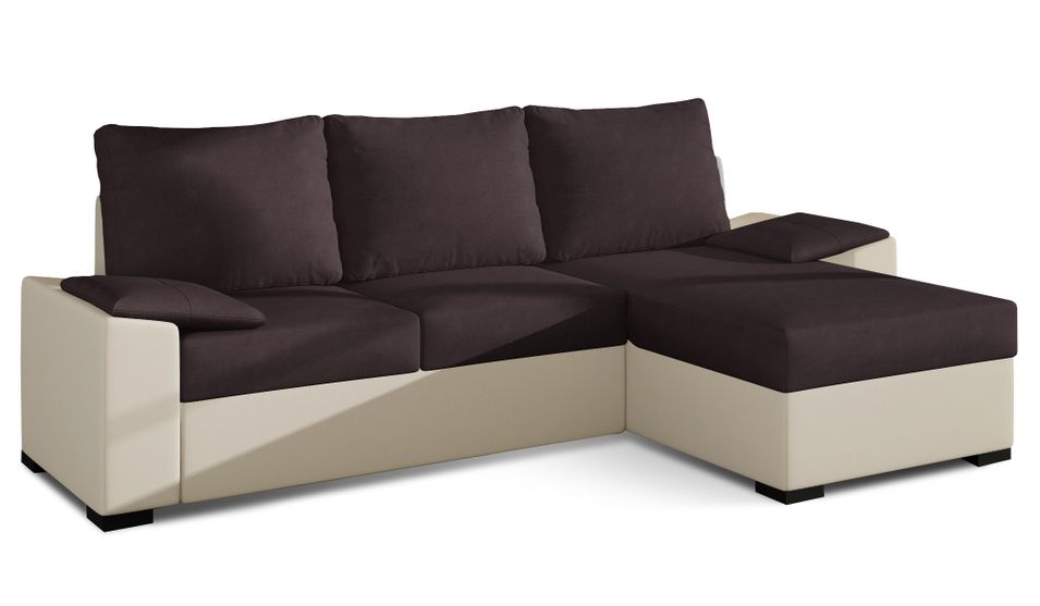 Canapé angle convertible et réversible simili beige et tissu marron clair chiné Luzo 245 cm - Photo n°1