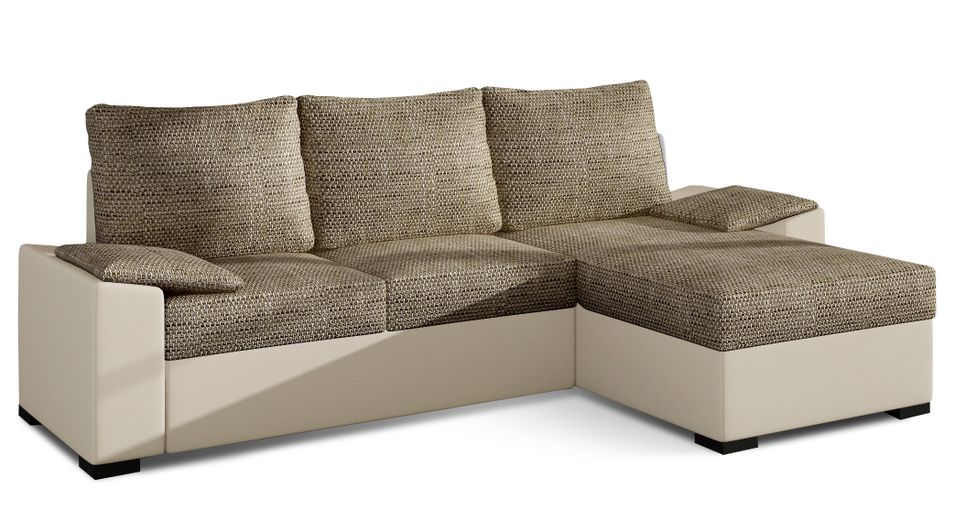 Canapé angle convertible et réversible simili beige et tissu beige clair chiné Luzo 245 cm - Photo n°1